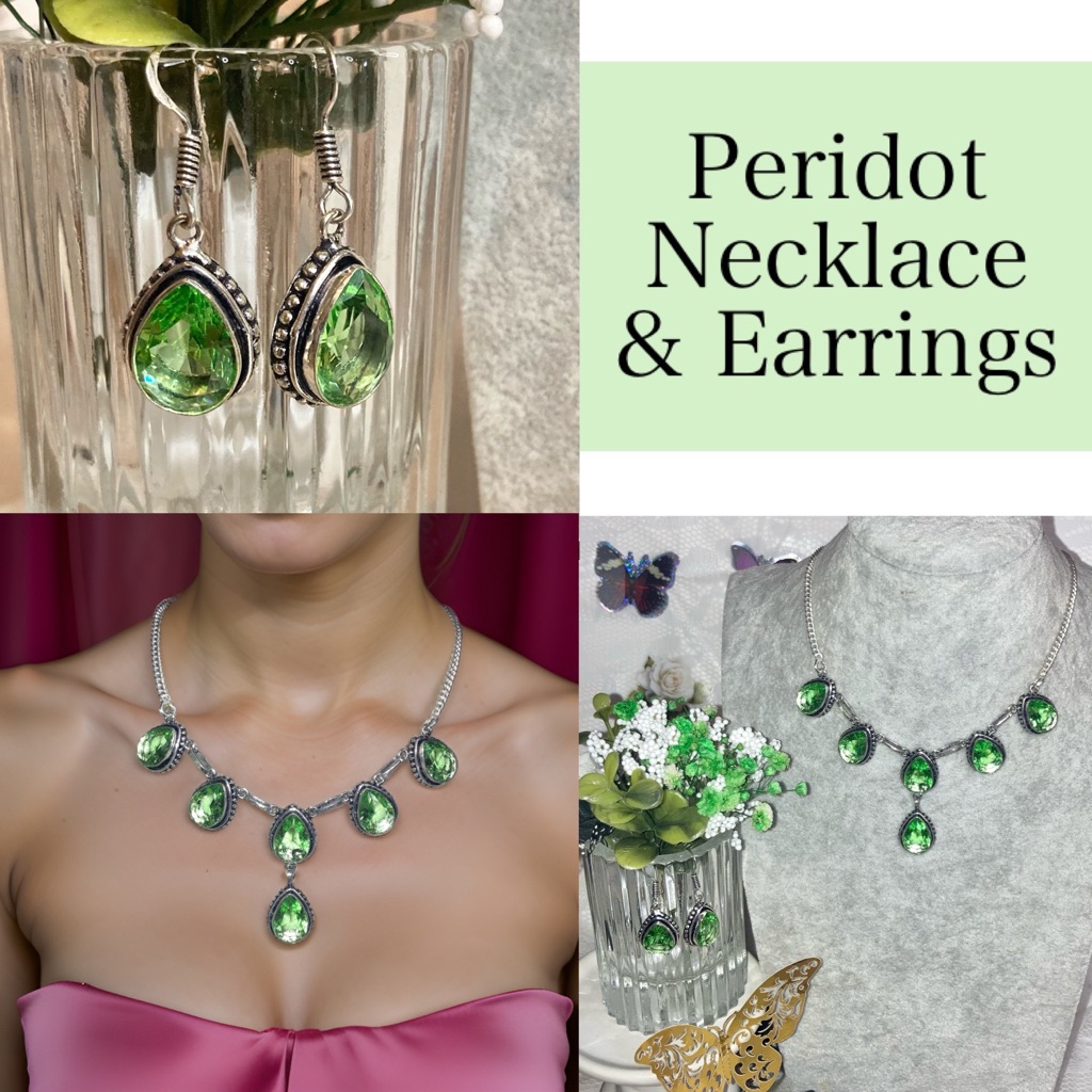 Perfect Peridot Gemstone Handmade Bib Statement Necklace & Earrings